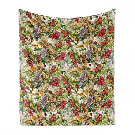 Rowan Soft Flannel Fleece Throw Blanket, Mixed Pattern of Rural Wild Flowers Leaves and Berries Rustic Composition, Cozy Plush for Indoor and Outdoor Use, 50" x 60", Multicolor, by Ambesonne