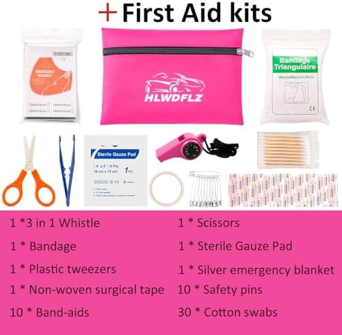Car Roadside Emergency Kit - Pink Roadside Assistance Emergency Kit with Jumper Cables, Auto Tool Set, Deer Whistles, Winter Car Safety Roadside Assist Kit for Teen Girl and Ladies