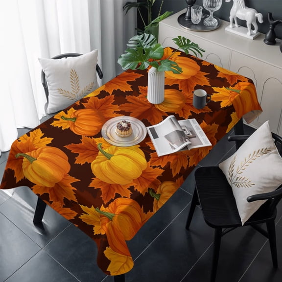 Orange Pumpkins Fall Table Cloth Waterproof Tablecloths, Maple Leaves Thanksgiving Botanical Tablecloth Dining Table Cover for Kitchen Party Tabletop Outdoor, Rectangle Tablecloth 54x108 Inch