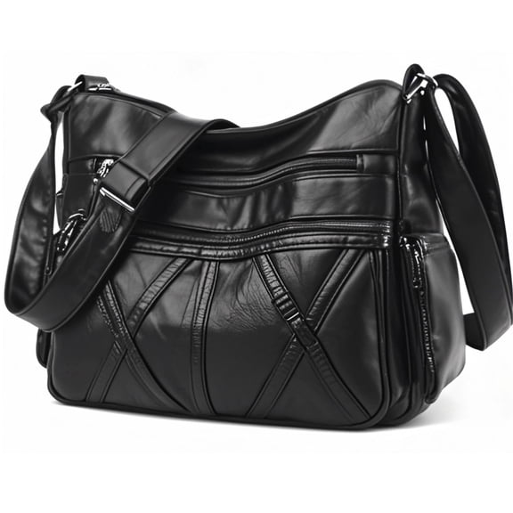 FIDAC Women's Shoulder Bag PU Leather Solid Multi Pocket Crossbody Bag, Black, 1-Piece