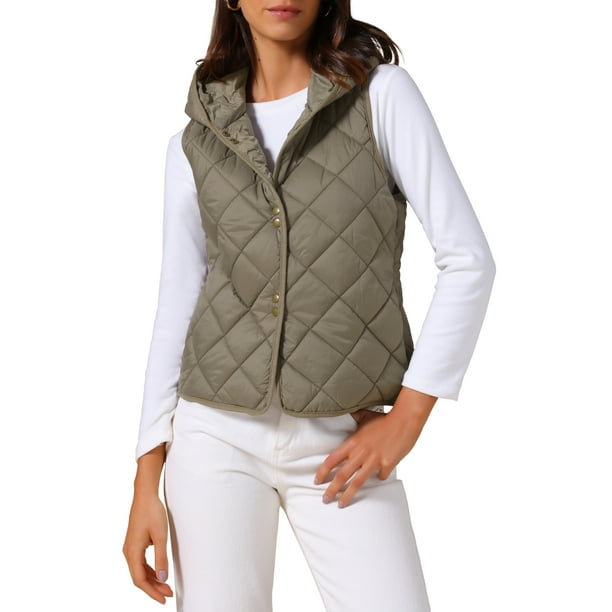 Chaleco acolchado sin mangas con capucha ligero para mujer, botón, color gris