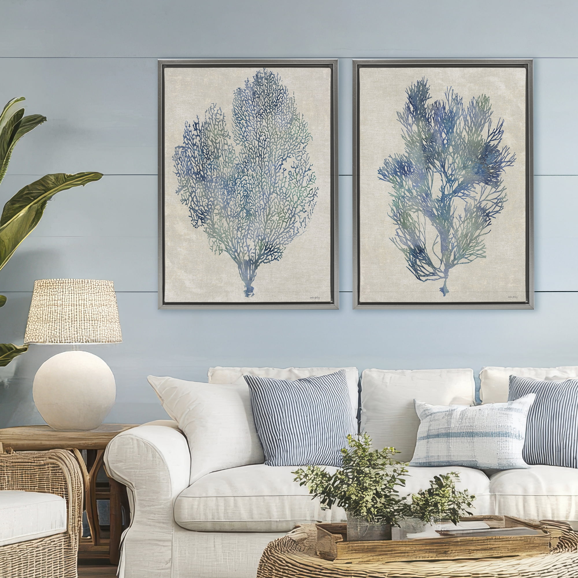 Stupell Industries Fan Coral Study in Blues 2 Piece Gray Framed Floater Canvas Set, design by Amber Sterling