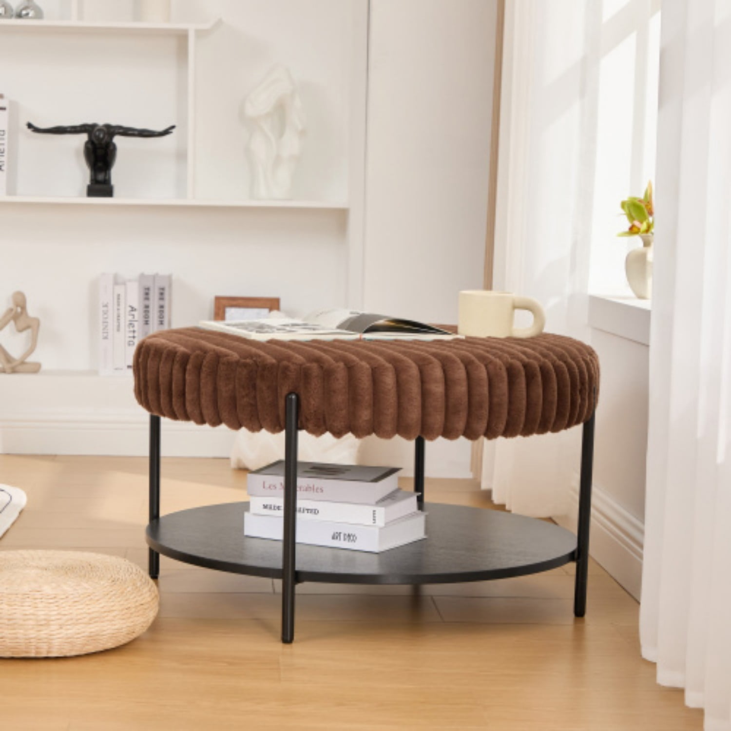 30.9" Round Upholstered Ottoman Coffee Table, Faux Fur Foot Stool with Open Storage Shelf & Black Metal Legs, Brown Footrest Ottoman