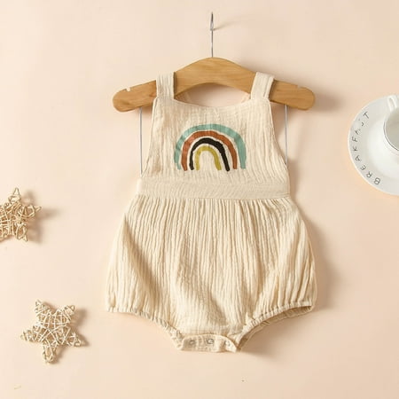 

DAETIROS Breathable Toddler Baby Girls Summer One-piece Cotton Sling Romper Rainbow Halter Romper Khaki