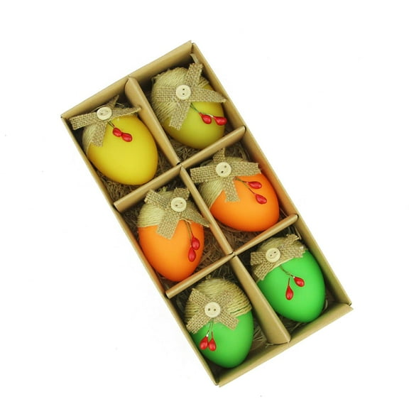 Set of 6 Bright Green Orange and Yellow Decorative Jute Burlap Spring Easter Egg Ornaments 2.25"