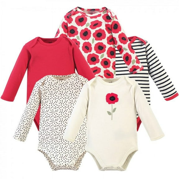 Touched by Nature Baby Girl Organic Cotton Long-Sleeve Bodysuits 5pk, Poppy, 18-24 Months