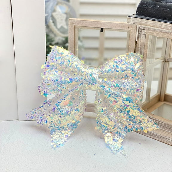 EWASWON Oversized White Christmas Bow Ornament - Glitter Ribbon Holiday Decoration for Christmas Tree, 8.26x9.44in