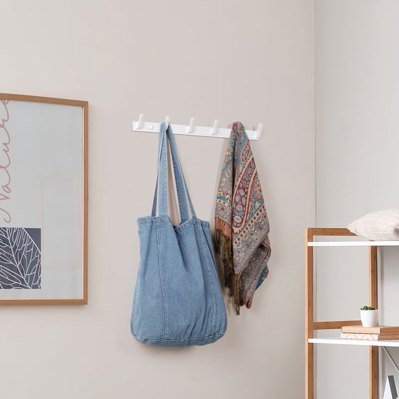 6-Hook Aluminum Wall Mounted Coat Rack - 21.06in White Horizontal Hook Rail for Hanging Coats, Bags, Towels, and Keys