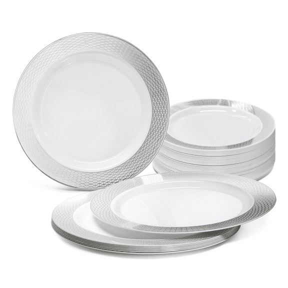 " OCCASIONS " 60 Plates Pack, Heavyweight Disposable Wedding Party Plastic Plates ( 10.5'' Dinner Plate, Diamond White & Silver)