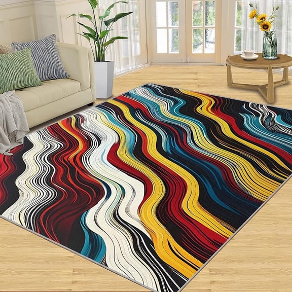 Colorful Bedroom Area Rug, Wave Lines Rugs for Entryway, Abstract Stripes Carpet, Non Slip & Low-Pile, Indoor Washable Rugs & Home Decor 3 x 5ft
