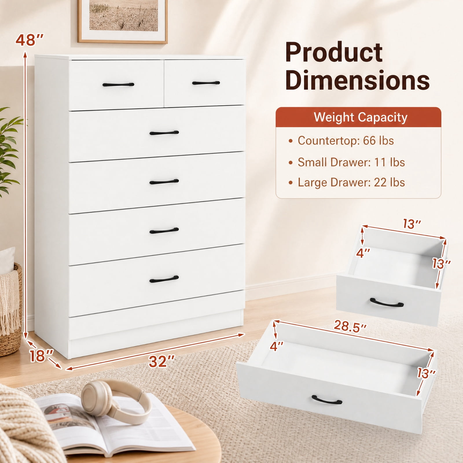 Furnibear 7-Drawer Tall Dresser with Metal Handles and Anti-Tipping Kits for Bedroom Closet Living Room Nursery Clothes Storage, White