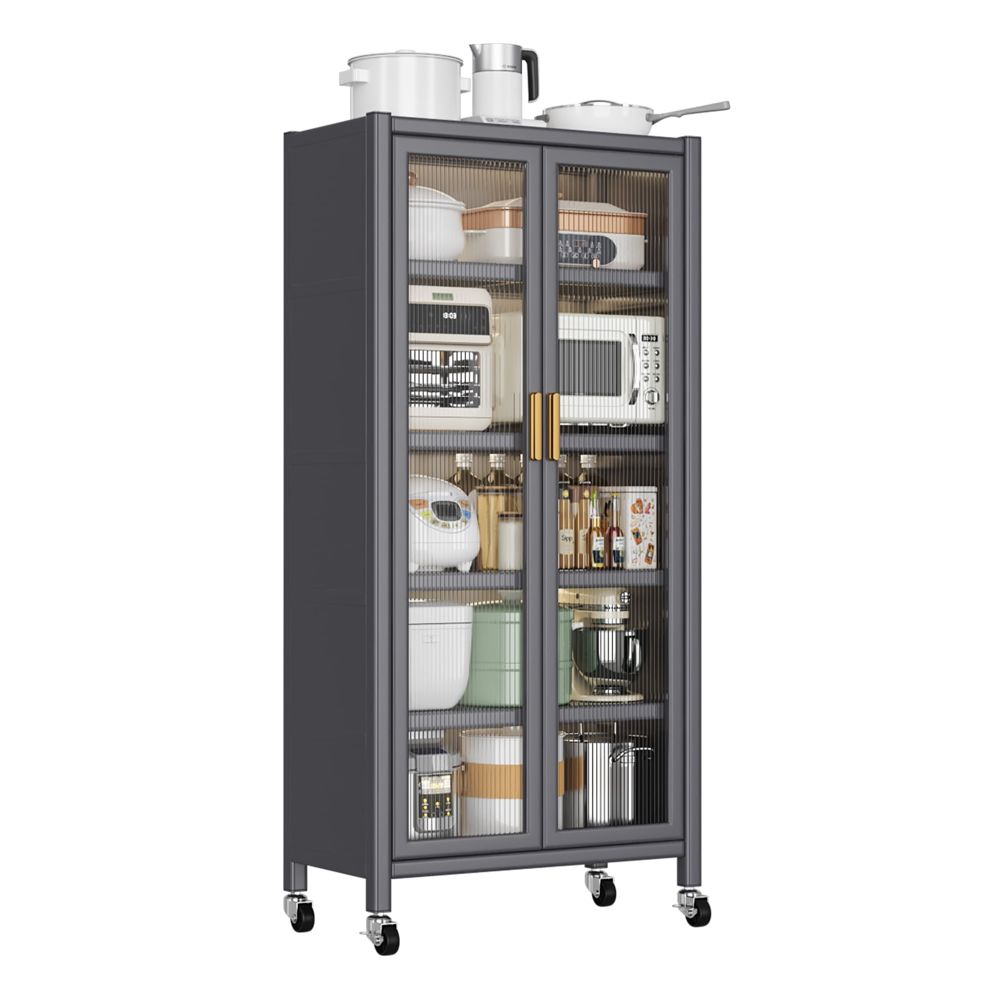 Miniyam Kitchen Storage Cabinet, Pantry Cabinets with Clear Doors and Adjustable Shelves, 5 Tier Freestanding Tall Storage Sideboard with Wheels, Gray