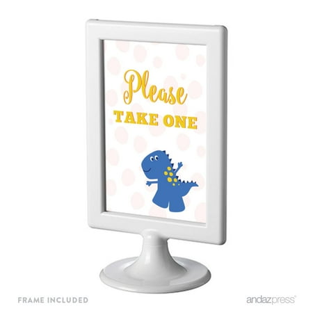 Birthday Framed Party Signs, Please Take One, Red Blue and Yellow Dinosaur Party, 4x6-inch, Includes Frame