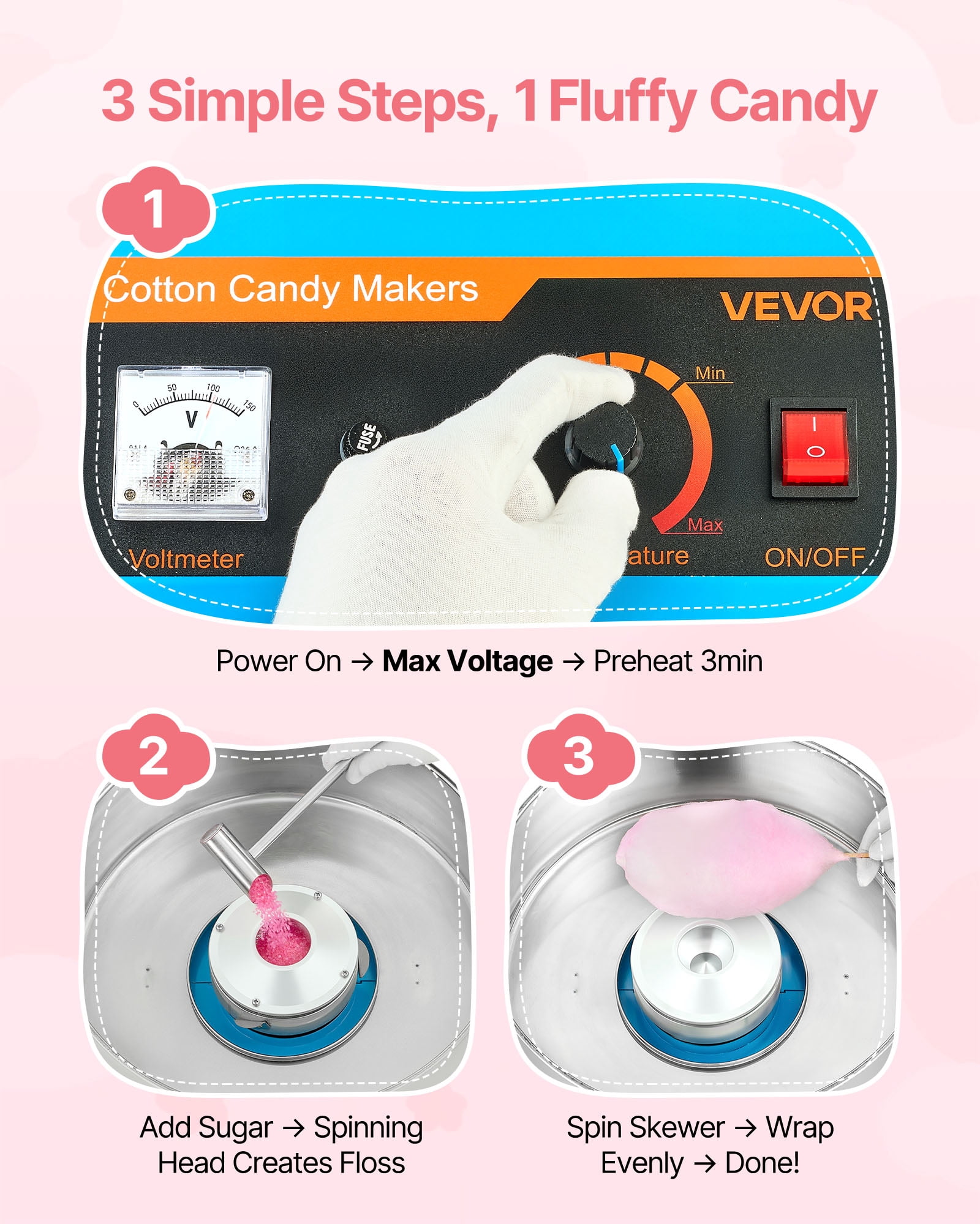 VEVOR Cotton Candy Machine Commercial, 1000W Electric Candy Floss Maker, Easy Use with 15 inch Stainless Steel Bowl and Sugar Scoop, Makes Hard Candy for Home Kids Birthday, Family Party, Blue