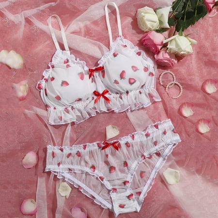 

Lingerie for Women Dqueduo Large Cute Girl Fun Underwear Two Piece Set Strawberry Print Perspective Bra Set Valentines Day Gifts on Clearance