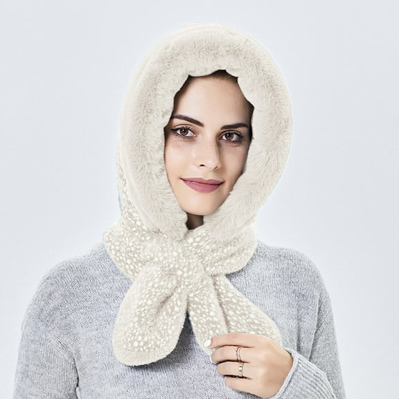 Dyfzdhu Women&Girls Unisex Knit Caps Hedging Head Hat Beanie Warm Outdoor Fashion Skiing Fluffies Ears Hooded Scarf Gloves Beige