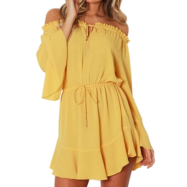 yellow off the shoulder dress long sleeve