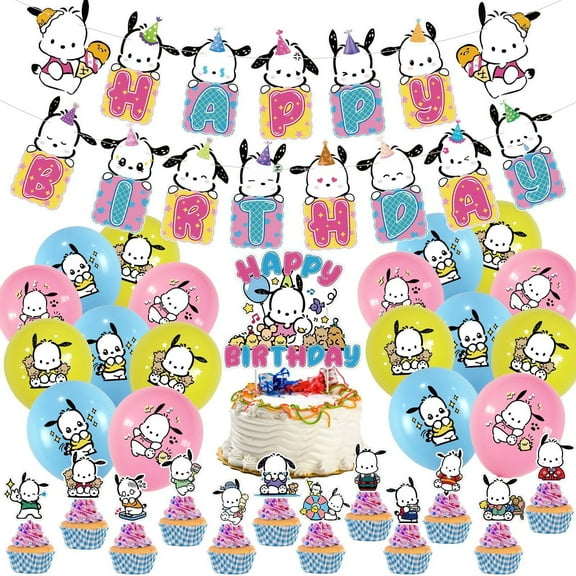 Pochacco  Themed Birthday Party Supplies  Birthday Decorations Set with Happy Birthday Banner, Cupcake Toppers, Balloons for Boys Girls  Themed Party Decor