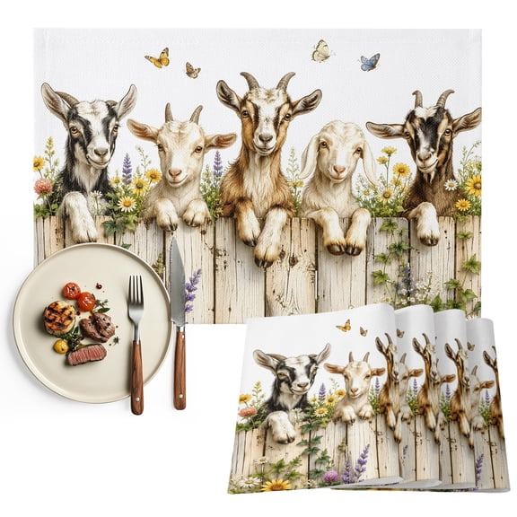 Spring Summer Goats Placemats Set of 2, Farmhouse Floral Botanical Cute Washable Wipeable Table Mats for Dining Tables, Indoor Outdoor Kitchen Place Mats for Holiday Party Table Decor