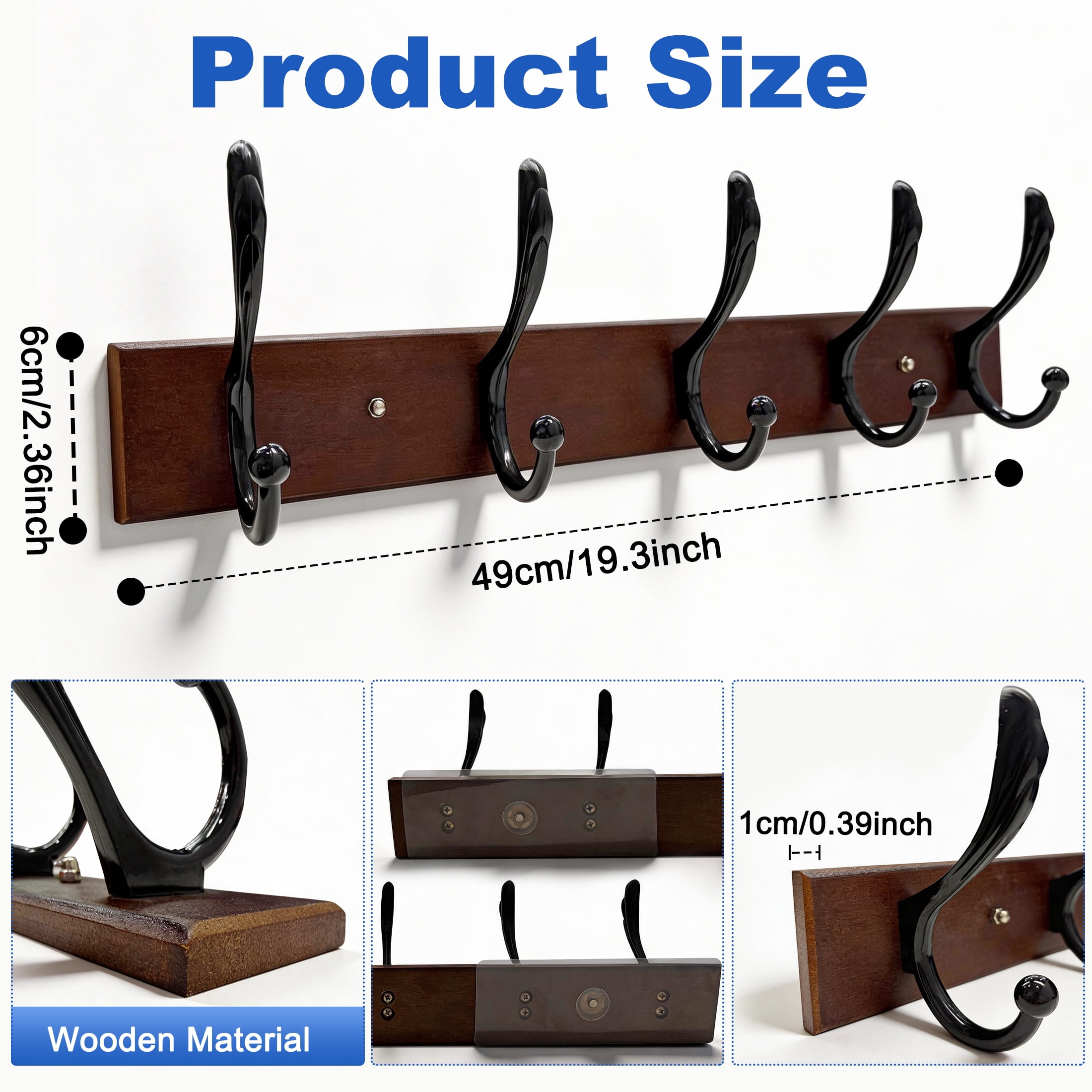 2 Pack Wall Mount Coat Hook Rack, Wooden Coat Rack with 5 Double Metal Hooks, Heavy Duty Entryway Hat Bag Towel Hanger for Bedroom Closet, Entryway Organizer for Coats, Hats, Bags and Umbrellas