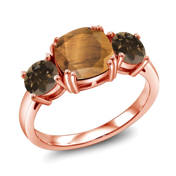 Gem Stone King 18K Rose Gold Plated Silver Brown Tiger Eye and Brown Smoky Quartz 3 Stone Engagement Ring for Women (3.00 Cttw, Gemstone, Cushion 8MM, Size 6)