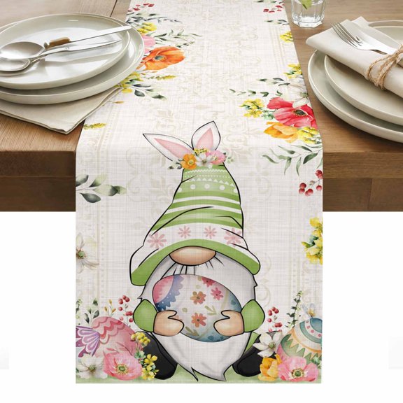 Gnomes Easter Table Runner - 90 Inch Long, Kitchen Dining Table Runner Dresser Scarves, Eucalyptus Spring Floral Eggs Rustic Vintage Farmhouse Decor for Coffee Tables Wedding Party Banquet