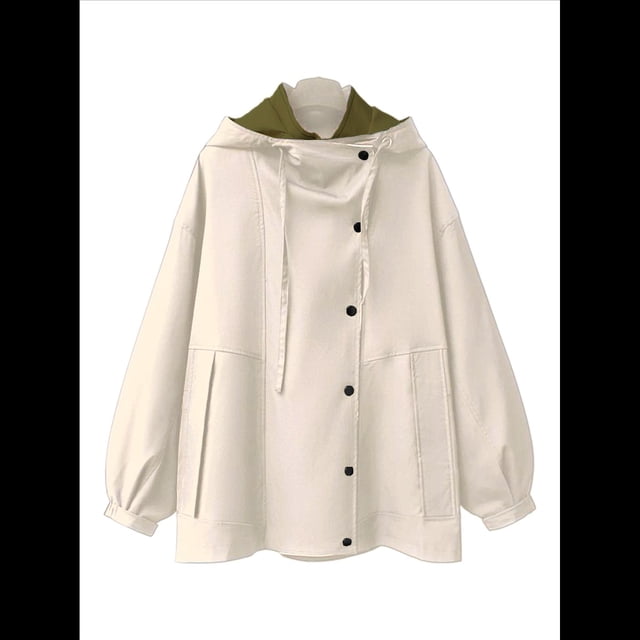 Gabardina con Capucha para Mujer, Chaqueta con Solapa y Botones, Cortavientos de Longitud Media con Bloques de Color Albaricoque XXL