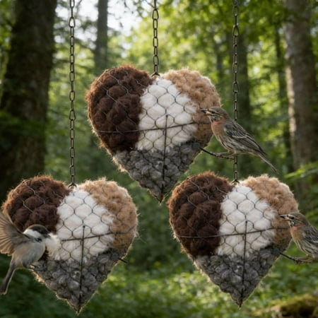 Handmade Fiber Bird Nesting Heart Refillable Birds Haven 1 Heart-Shaped Hummingbird Nest with 2 Bags of Nesting Material Winter Tree Shelter for Wild Birds Gifts for Hummingbirds Lovers (3PCS)