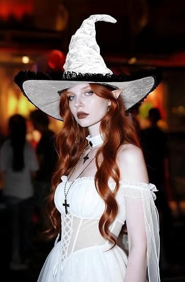 Lace Trim Witch Hat with Wide Brim for Halloween Costume Cosplay