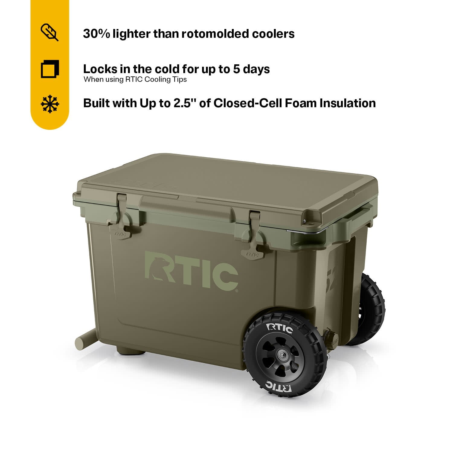 RTIC 52 QT Wheeled Hard-Sided Ice Chest Cooler, Ultra-Light, Fits 76 Cans, Olive