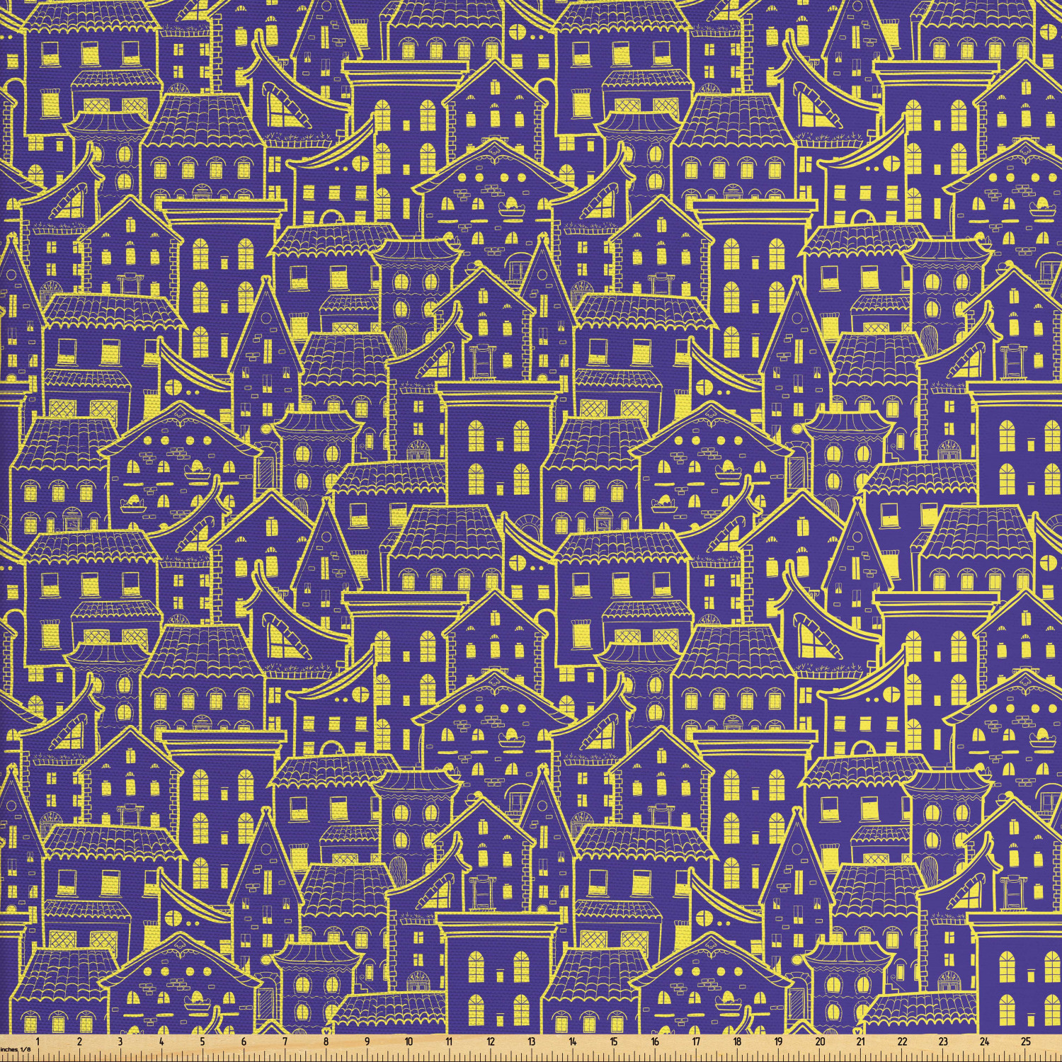 Cityscape Fabric by The Yard, Doodle Pattern with Bicolour Design