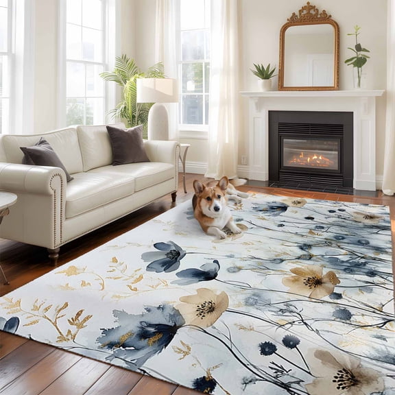6'x9' Area Rugs, Watercolor Flowers Indoor Outdoor Area Rug for Living Room Bedroom, Country Botanical Floral Herbs Washable Bathroom Rugs Kitchen Floor Carpet Mats Home Decor Aesthetic