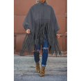 thumbnail image 3 of Womens High Neck Long Sleeve Fringe Top Plus Size Tassel Pullover Poncho Coat, 3 of 7