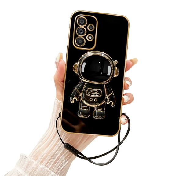 Annyojo for Galaxy A53 5G Case with 6D Plating Astronaut Hidden Stand and Lanyard Strap Soft Shockproof Protective Cover Luxury Phone Case for Samsung Galaxy A53 5G - Black