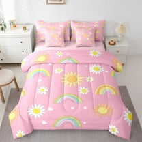 Manfei Lovely Cartoon Rainbow 7pcs Bedding Comforter Set,Rustic Daisy Flower Queen Bedding Sets,Cute Floral Queen Sheet Sets For Girls Teens,Luxury Bedroom Decor Reversible