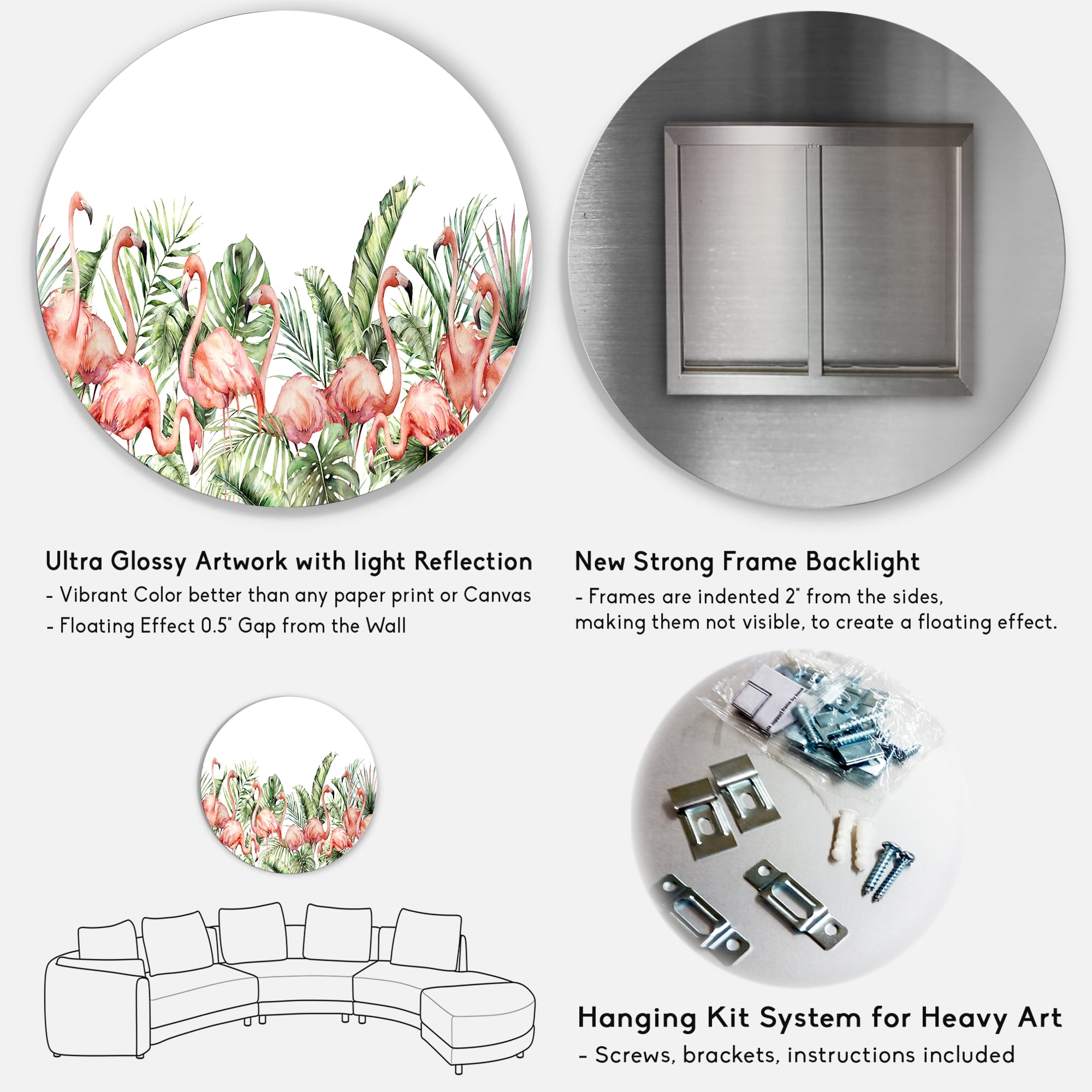 Designart 'Palm Leaves and Pink Flamingos Tropical Birds' Traditional Circle Metal Wall Art 36x36 - Disc of 36