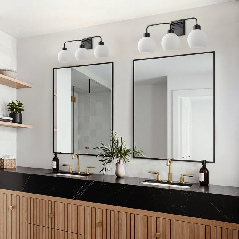 3-Light Black Vanity Light with Frosted Glass Shades, Stylish Bathroom Wall Sconce for Over Mirror, Bedroom (24.6 IN)