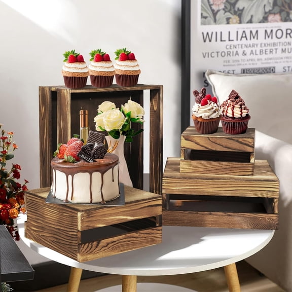 8 Pcs Rustic Wood Cake Stands with Signs, Buffet Risers for Dessert Display, Food Crates for Party Wedding Birthday Shower