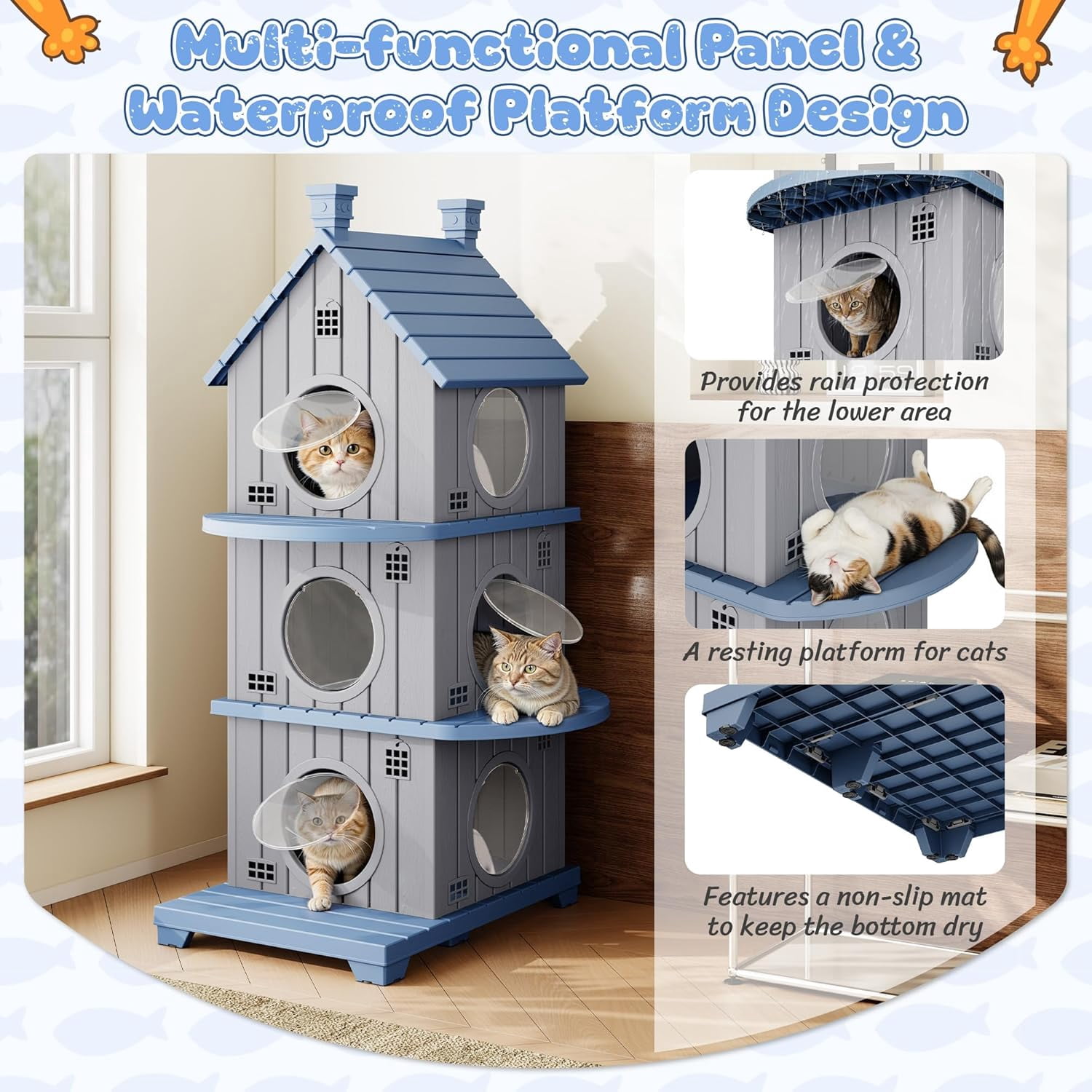 FICARTS Indoor/Outdoor Cat House, Weather-Resistant Pet Shelter with Elevated Base, Multi-Entry Cat Cottage for Feral & Household Cats