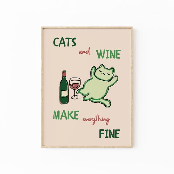 Cats And Wine Kitchen Print Colourful Abstract Art Wall Decor Living Room Gallery Accent