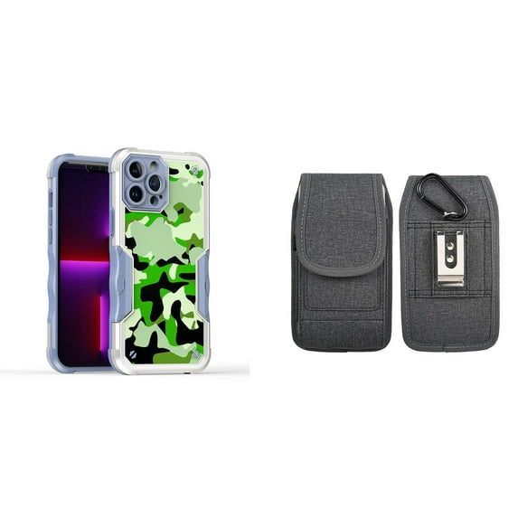 Case and Pouch Bundle for iPhone 14 Plus: Heavy Duty Armor Rugged Case (Army Green Camo) and Vertical Nylon Fabric Belt Holster (Grey)