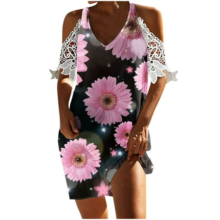 

Juebong Women Summer Casual Sexy Floral Print Off The Shoulder Lace Short Sleeve V-Neck Beach Dress