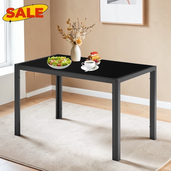 Hassch Glass Dining Table for 4 People, 47.2 Inch Rectangular Kitchen Table with Metal Legs, Easy Assembly, Black