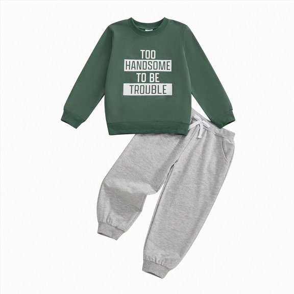 Quealent Toddler Baby Boys Fall Outfits Long Sleeve Pull On Sweatshirt Elastic Waist Pants 2Pcs Solid Color Clothes Set (Green, 2-3 Years)