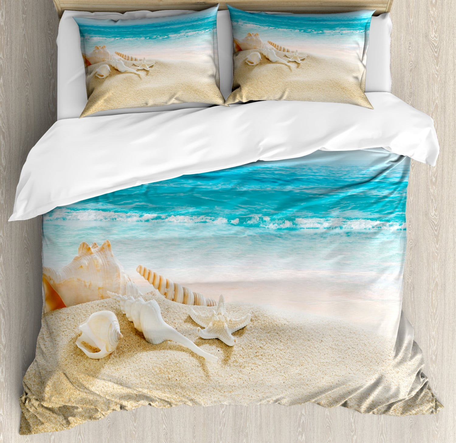 Seashells Duvet Cover Set Pastel Toned Beach Scene With Sand And