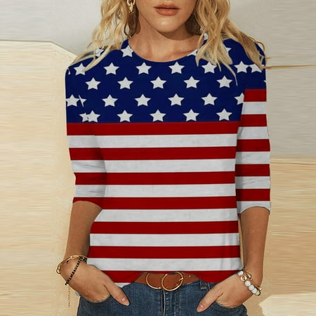 

Summer Women 3/4 Sleeve Tops Trendy American USA Flag Print Crew Neck T-shirt 4th of July Casual Tunic Blouse