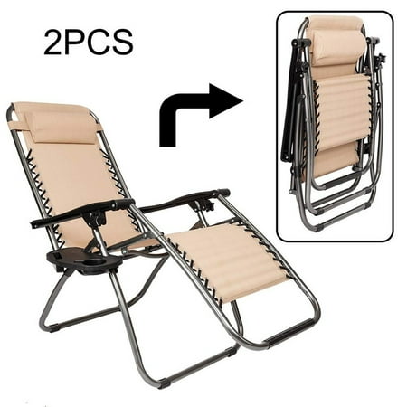 Zero Gravity Chair Set Of 2 Pack Adjustable Folding Lounge Recliners For Patio Outdoor Yard Beach Pool With Cup Holder And Pillow