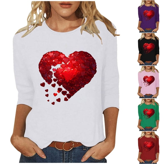 VKOYWKM Womens Valentine's Day Shirts Heart Print Tees Cute Tops Holiday 3/4 Sleeve T Shirts Casual Crew Neck Romantic Tshirts