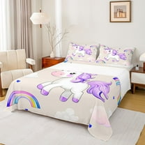 Feelyou Dreamy Unicorn Kid Queen Sheet Sets, Watercolor Rainbow Print Flat Sheet, Cloud Stars Galaxy Queen Fitted Sheet, Ultra Soft Bedroom Decor, 4-Piece