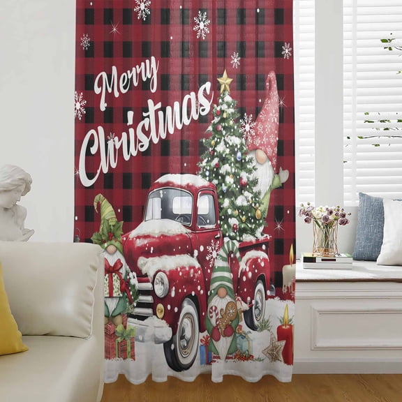 Red Plaid Truck Christmas Semi Sheer Curtains Drapes for Living Room,Bedroom,French Doors Window 84 Inches Long,Gnomes Xmas Tree Snowflake Gifts Rod Pocket Chiffon Curtain Voile Drapery Panel